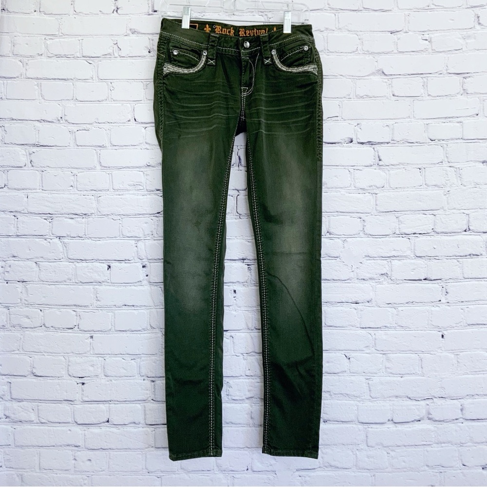 Rock Revival Eleanor Skinny Jeans Green Low Rise Size 26